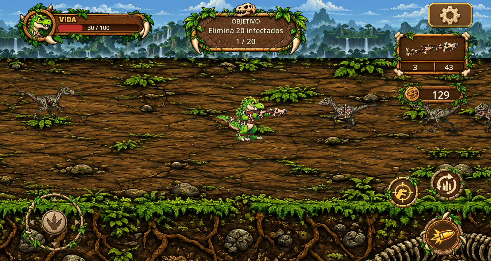 Partida de DinoChuter con controles táctiles, HUD y dinosaurios infectados