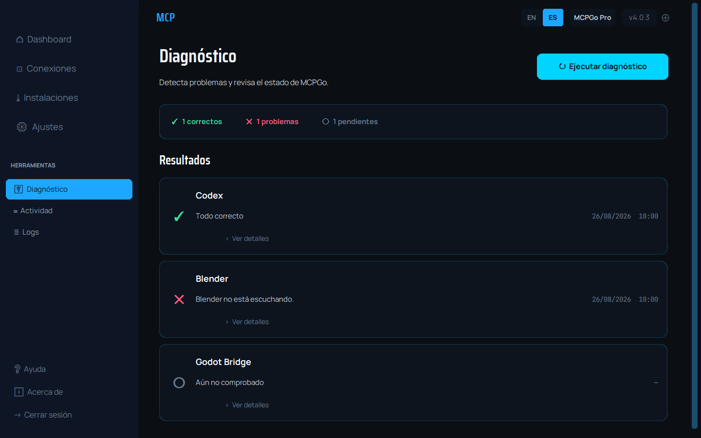 Panel de diagnóstico de MCPGo con resultados de las herramientas instaladas.