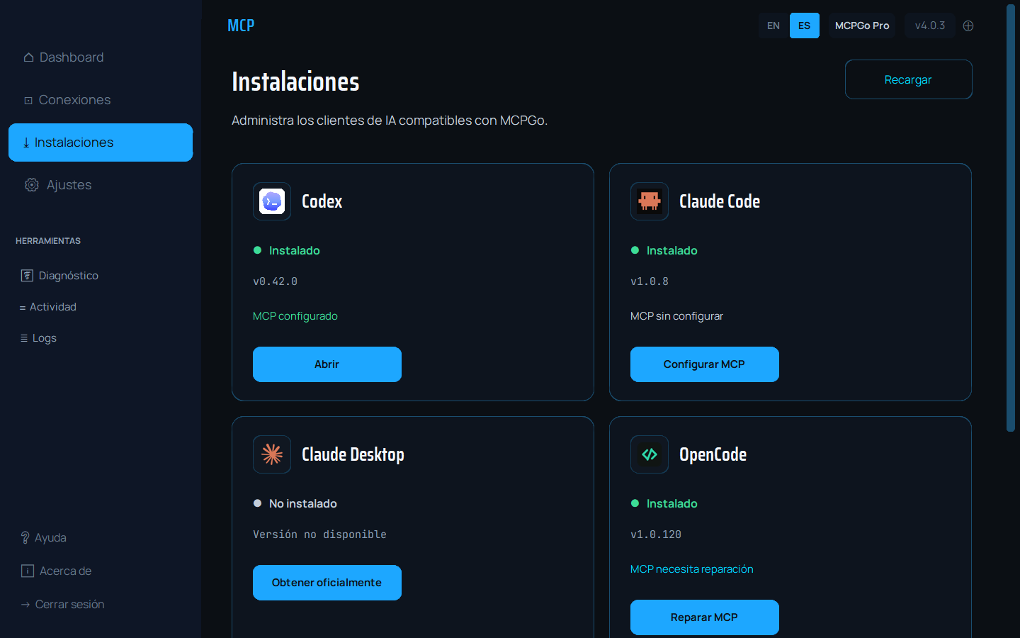 MCPGo detectando clientes de inteligencia artificial compatibles instalados.