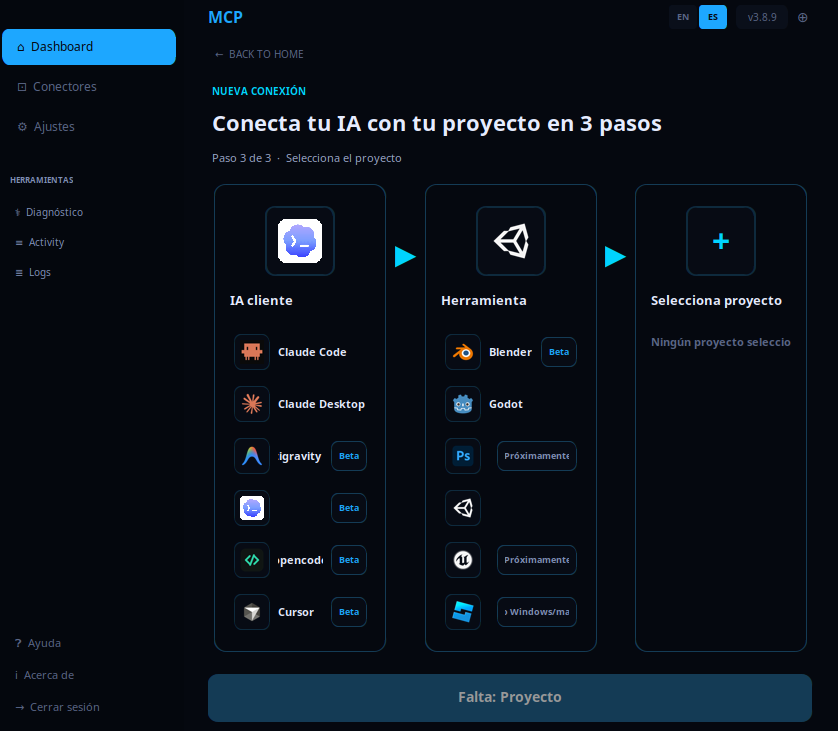 Selector de Nueva conexión de MCPGo: elegir IA cliente, herramienta (Godot, Blender, Unity, Roblox Studio) y proyecto.
