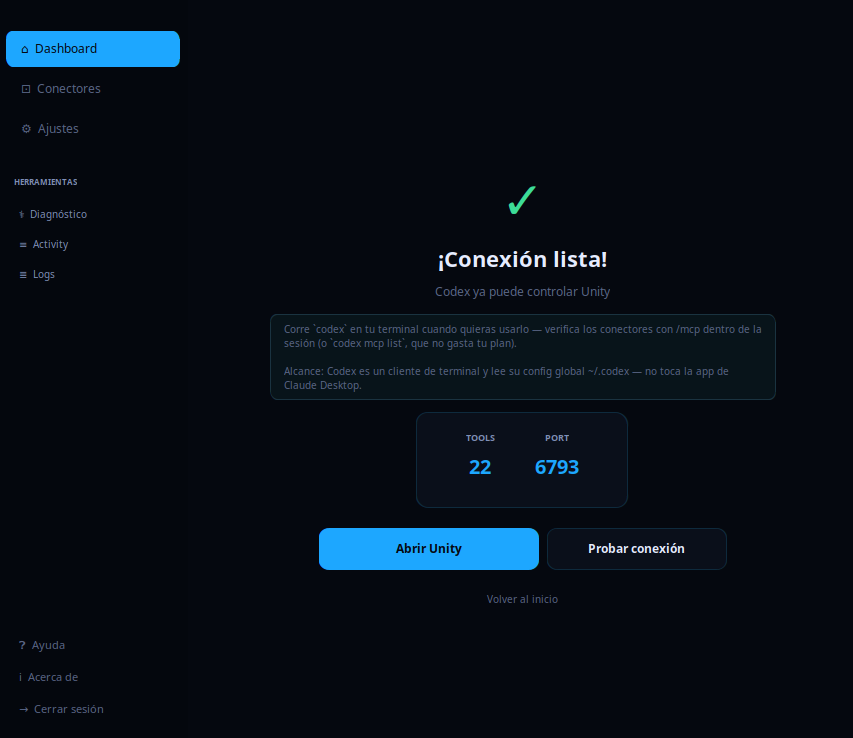 Pantalla «Conexión lista» de MCPGo con el bridge activo y el botón Probar conexión.