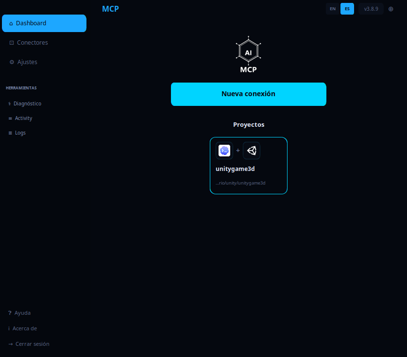 Dashboard de MCPGo: panel principal con conectores, ajustes y diagnóstico.
